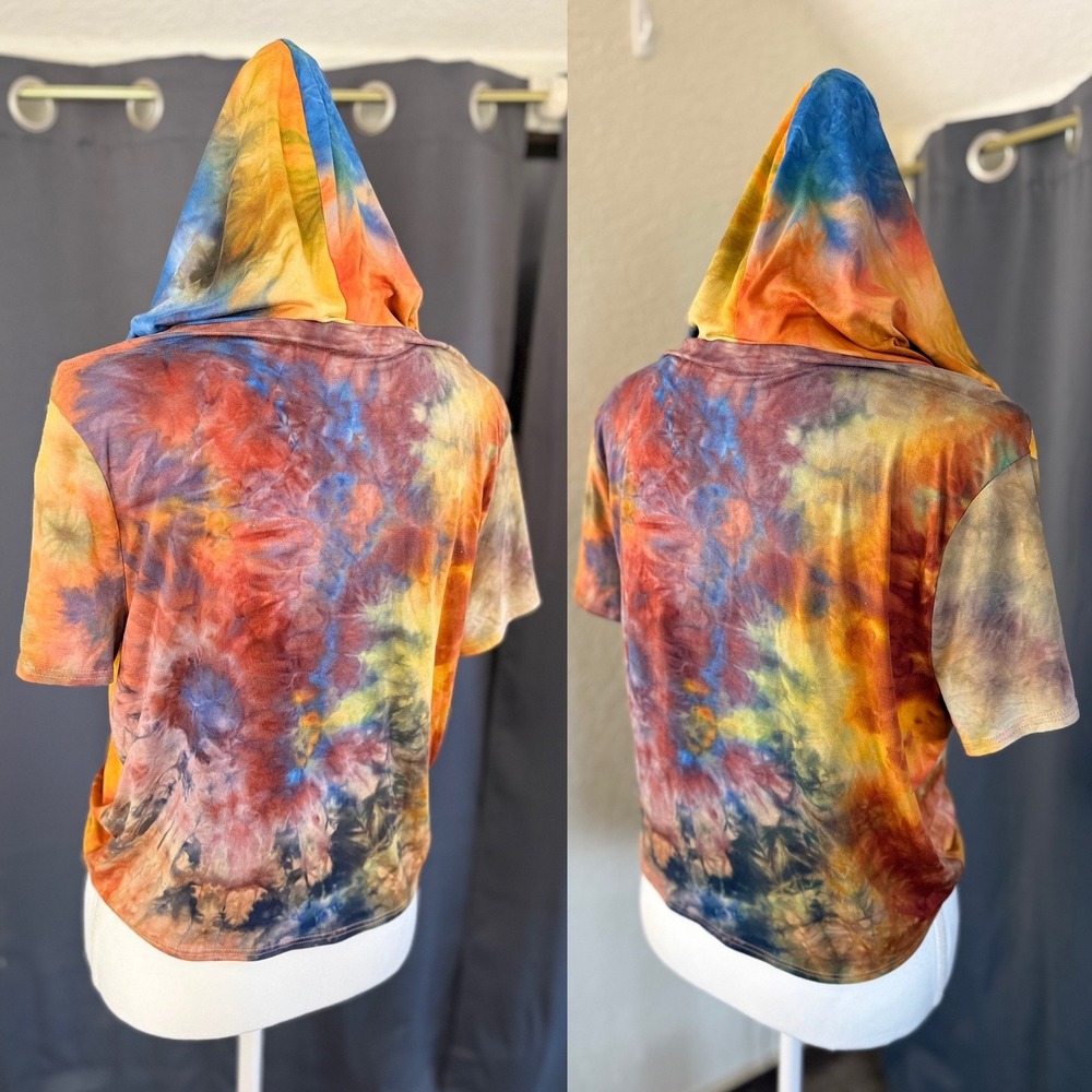 Madrag Tie Dye Short Sleeve Hoodie Multi Color Front Tie Crop Top Small - Picture 6 of 10